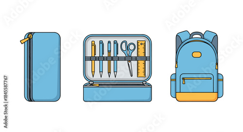 A set of essential blue and yellow school supplies including a closed pencil case, an open one with contents, and a matching backpack.