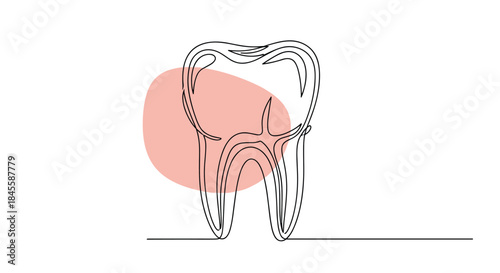 A minimalist single continuous line drawing of a molar tooth, set against a soft pink abstract shape for a modern dental logo concept.