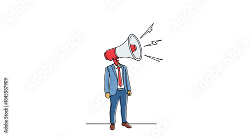 A single continuous line drawing of a businessman in a suit with a large megaphone for a head, symbolizing powerful communication or protest.