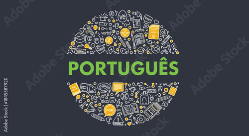 The word "Portugu�s" is featured in the center of a circular collage of educational icons, representing the study of the Portuguese language.