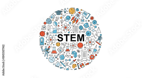 The acronym STEM is surrounded by a circular pattern of colorful doodle icons representing science, technology, engineering, and mathematics.