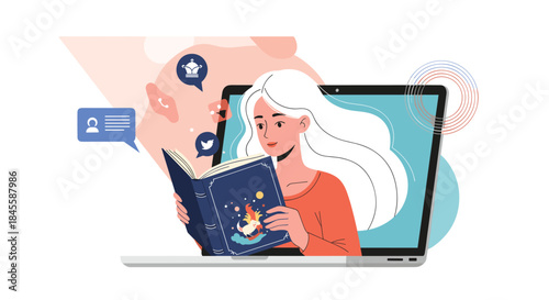 A woman emerges from a laptop screen while reading a book, illustrating the concept of e-books, online learning, and digital libraries.