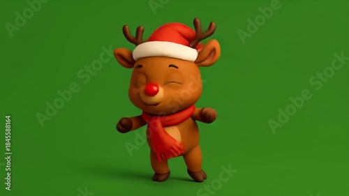 Happy Dancing Christmas Reindeer on a Green Background . Seamless Loop