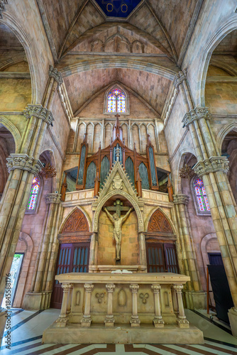 Catholic church on the square in the French village in Ba Na Hills Park, Danang, Vietnam.