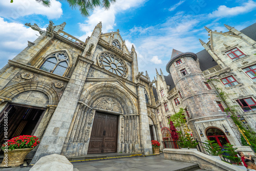 Catholic church on the square in the French village in Ba Na Hills Park, Danang, Vietnam.