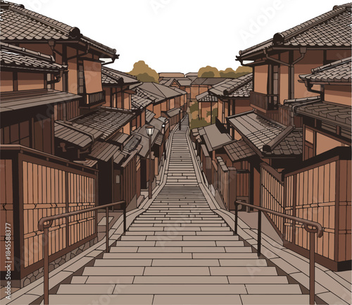 Ninenzaka Street Vector Illustration, Traditional Sloped Stone Path And Historic Kyoto Old Town Street