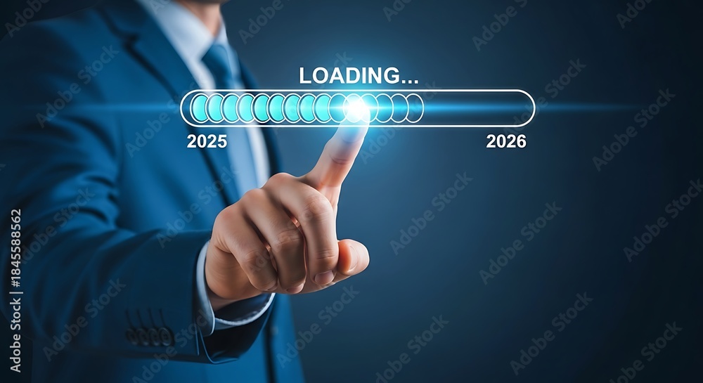 Fototapeta premium Businessman touching virtual loading bar from 2025 to 2026, symbolizing future progress.