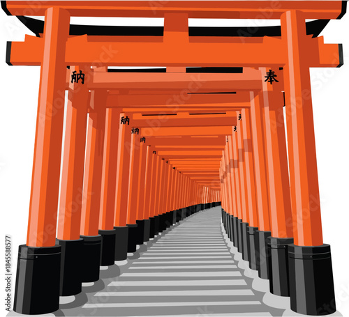 Fushimi Inari Taisha Vector Illustration, Iconic Red Torii Gate Tunnel And Sacred Shinto Landmark In Kyoto Japan