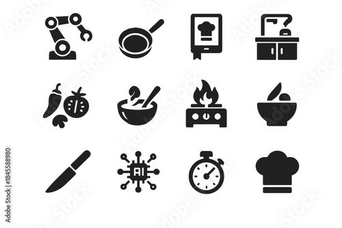 Robot recipe vector digital book chef dish ai stove counter icon