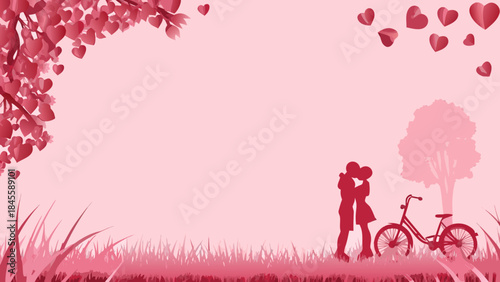 A romantic silhouette background with couple kissing and hearts falling from a tree