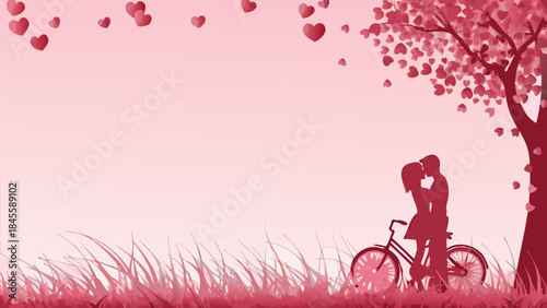 Romantic silhouette of a couple sharing a kiss under a heart-leaf tree with a bicycle