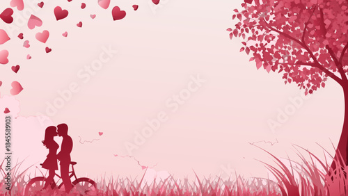 A romantic silhouette of a loving couple kissing next to a bicycle with hearts falling from above.