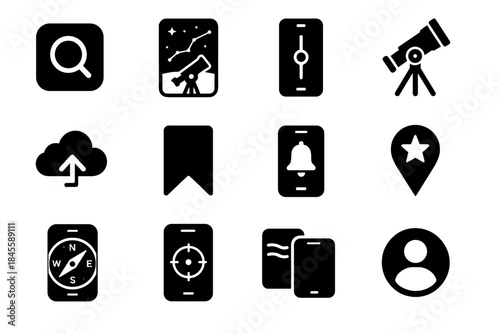 Vector telescope tile mobile access compass object app sync cloud ar icon