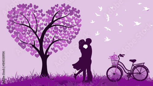A couple embracing beneath a heart-shaped tree in a whimsical purple landscape