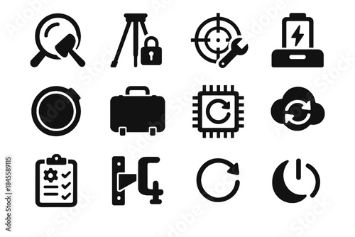 Case protective lock ar button icons symbol telescope tripod lens vector icon