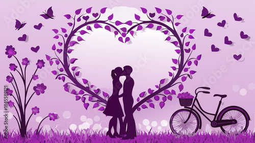 A romantic purple silhouette of a couple kissing under a heart-shaped tree on a beautiful day