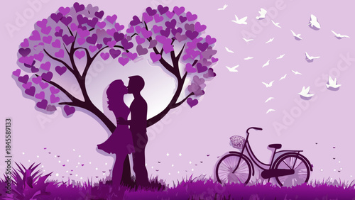 A romantic couple's silhouette kissing under a purple heart-shaped tree with flying birds