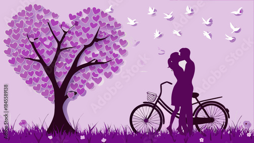 A romantic silhouette scene with a kissing couple and a heart tree