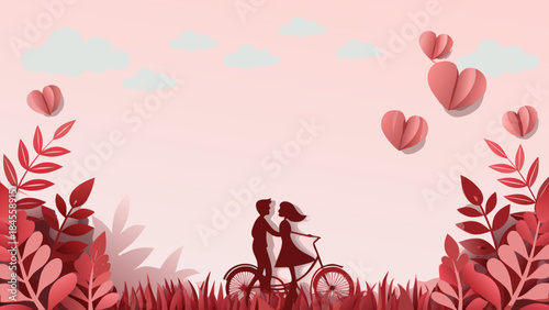 A romantic paper cut scene featuring a loving couple on a bicycle with hearts in the sky.