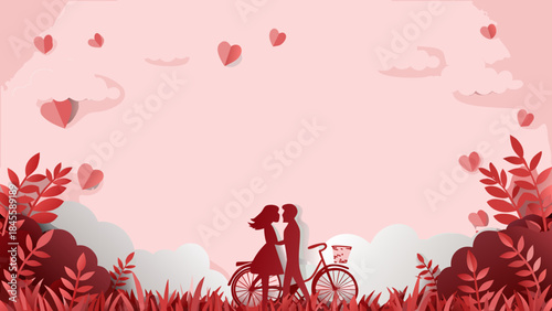 A lovely silhouette of a couple on a bicycle with paper hearts floating in a pink sky