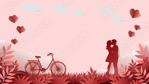 Romantic paper cut scene featuring a kissing couple, a bicycle, and floating paper hearts