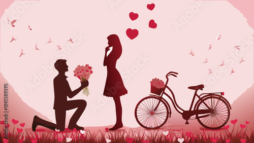 Romantic silhouette illustration of a man proposing to a woman with a bouquet of flowers