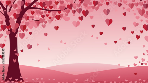 A romantic illustration of a tree with hearts falling like leaves on a pink background