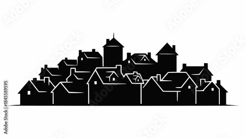 Silhouette of a quaint European village with diverse rooftops.