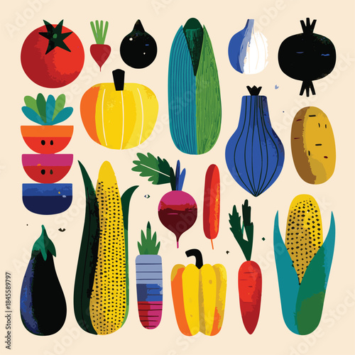 Set of vegetables icons. Modern abstract minimal style. Healthy organic food. Salad, tomato, onion, zucchini, eggplant, leek, radish, potato, corn, peppers, beet. Vector illustration