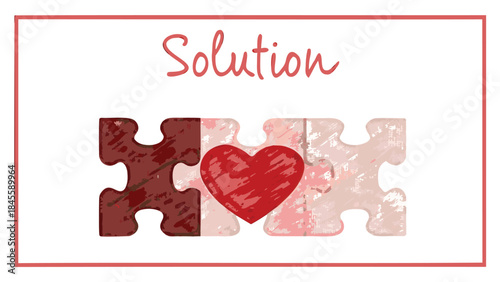 Flat vector illustration of abstract graphic with heart shaped puzzle pieces forming solution symbol