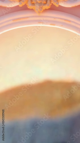 Vertical video: Backlight rising, center log moving forward and widening smile on pedestal in niche