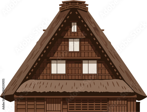 Gassho Zukuri Farmhouse Vector Illustration, Traditional Japanese Rural House With Steep Roof Design