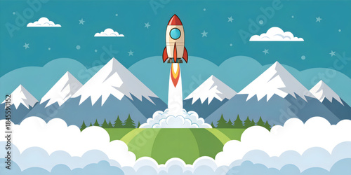 Rocket launching above mountains representing startup growth, ambition, innovation, and future success concepts.