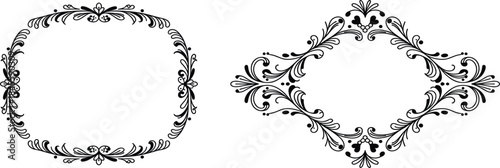 Set of black ornamental flourish frames, decorative scrollwork border, vintage label, elegant graphic design vector