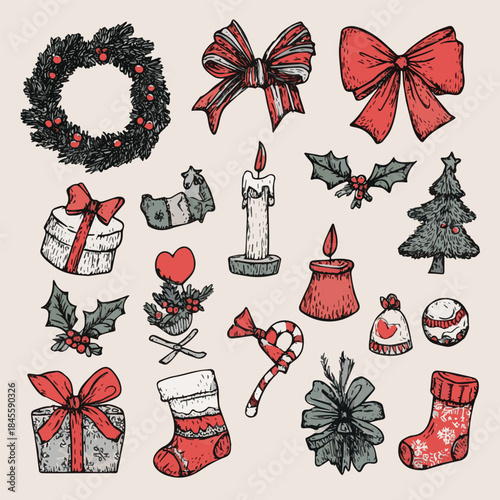 Set of Christmas hand drawn elements. Cute holiday Xmas graphic icons. Wreath, Xmas tree, bow, gift, candle, holly, funny tree toys, candy, red socks. Perfect for greeting card. Vector illustration