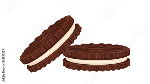 Two ornate chocolate sandwich cookies with a rich white cream filling, one leaning against the other, perfect as a sweet and indulgent snack.