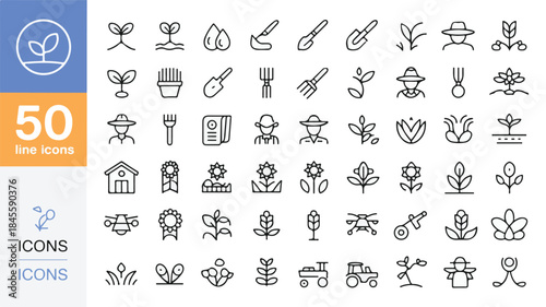 Set of 50 outline icons representing gardening and agriculture concepts, perfect for design projects