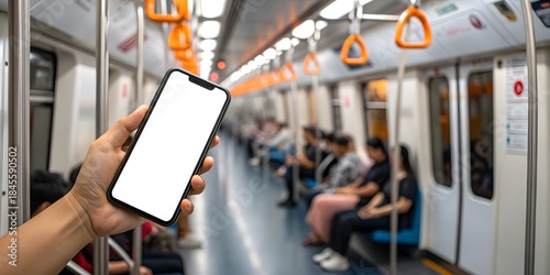 Hand holding smartphone inside subway train representing urban commuting and modern mobile connectivity concepts.