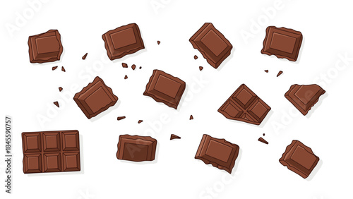 Assortment of scattered chocolate squares and broken pieces, with one intact bar, perfect for sharing or indulging in a sweet moment.