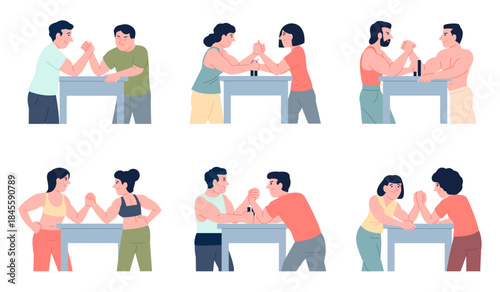 Arm wrestling sport. Armwrestling competition, male female athletes compete. Sporty people in workout uniform training, fight with each other, recent vector set