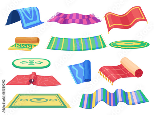 Cartoon cozy carpets. Various floor rugs with different patterns. Home mats for living room, bathroom or hallway. Decorative carpet, nowaday vector set