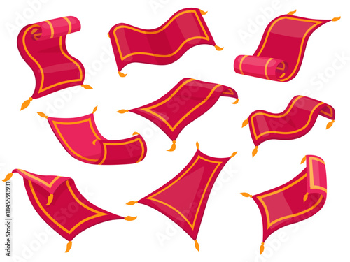 Magic carpet character. Arabian carpets fairy tale, red rug various poses. Funny oriental flying cotton mat. Witchcraft plane nowaday vector clipart