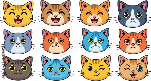 Colorful cartoon cat faces with various happy and sad expressions