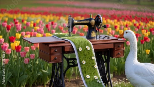 Vintage sewing machine stitching green floral fabric in colorful tulip field next to curious white goose. Concept of whimsical countryside, spring creativity, and nature-inspired surreal art