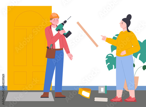 Repairman with drill. Worker man helps young girl hang shelf. Repair at home or apartment. Husband for hour come to woman. Broken shelf and messy, vector scene