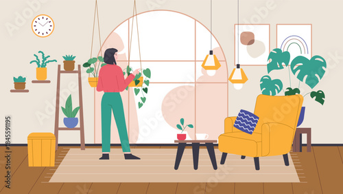 Woman care plants in cozy room. Living room, home garden with different greens in pots. Relax time, modern urban apartment life, vector illustration