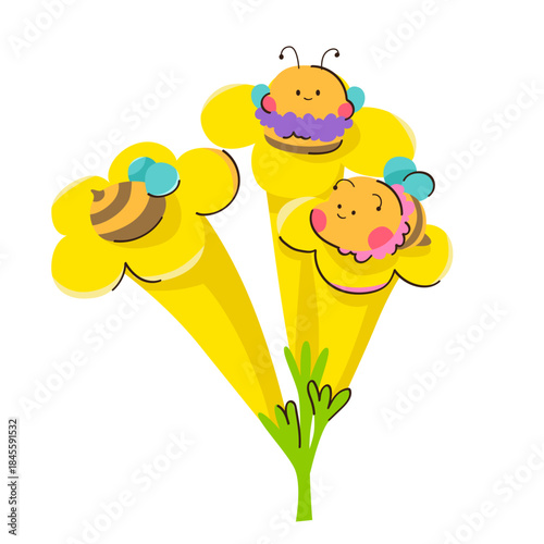 Three baby bees searching for nectar in a yellow flower. Hand-drawn.
