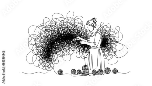 A woman in a continuous line art style attempting to disentangle a large, messy ball of yarn or thread, with neatly wound balls of yarn at her feet, symbolizing problem-solving.