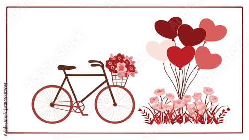 A modern bicycle with a basket full of flowers and heart shaped balloons on a white background in a flat illustration style for valentines day or romantic occasions