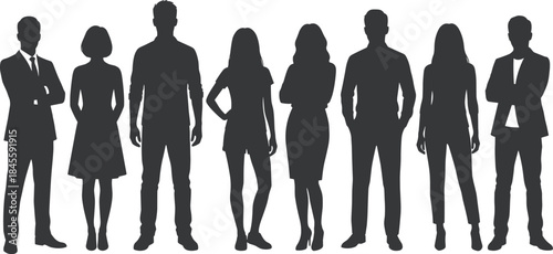 Diverse group of young people silhouette vector: men and women standing in mixed attire, representing professionals, students, and a modern, inclusive community.
